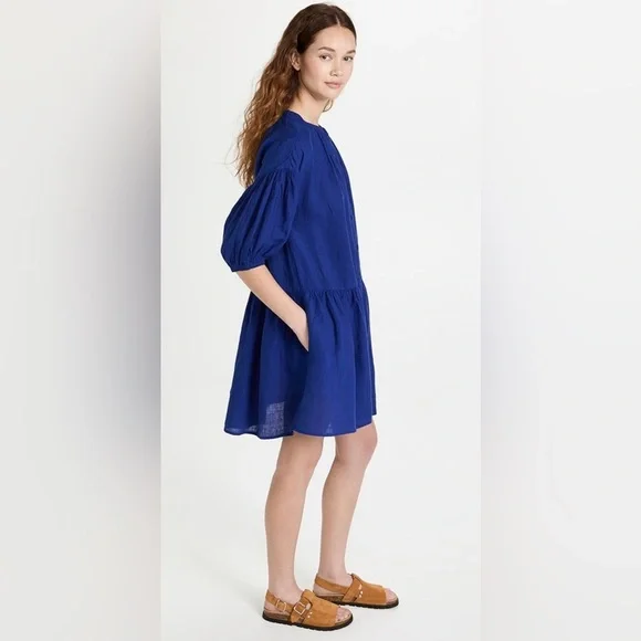 A Piece Apart Linen Cotton Tiered Moya Mini Dress in Cobalt Blue Size Medium